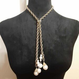Gold Tone Tassel Lariat Necklace Bolo Slide Faux Pearls Fashion Jewelry